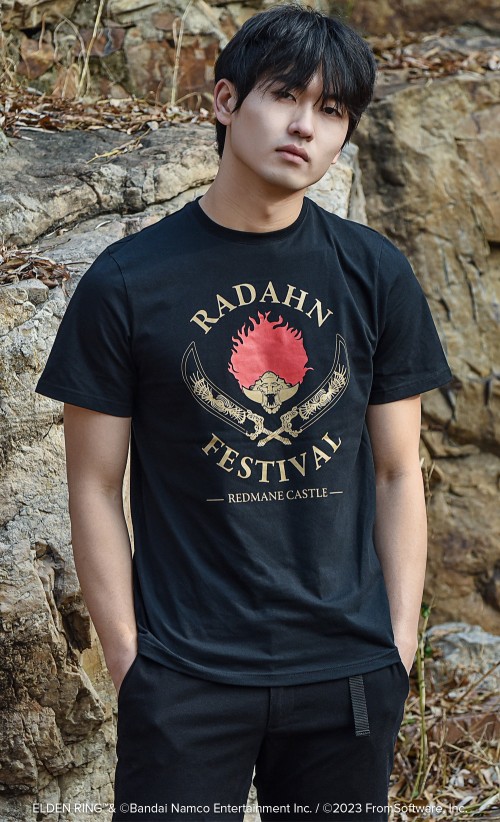 Model wearing the Radahn Festival T-Shirt from our Elden Ring collection