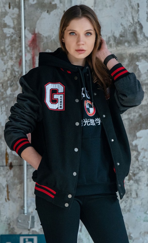 Model wearing the Gekkoukan High Varsity jacket from our Persona 3 collection