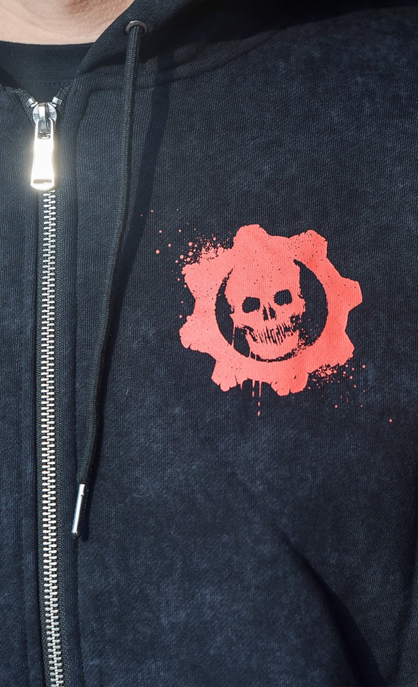 Close up detail on the front print of The Lancer Acid Wash hoodie from our Gears of War collection