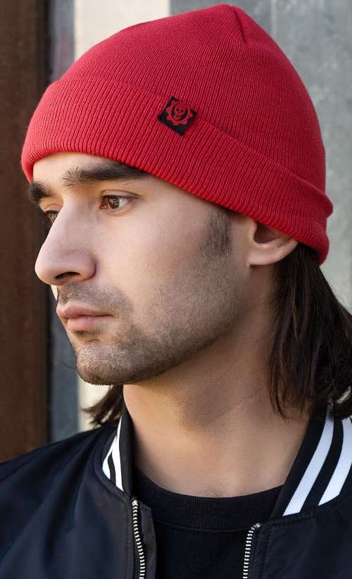 Model wearing the Crimson Beanie (RED) from our Gears of War collection