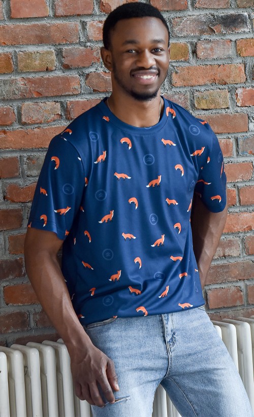 Model wearing the Pet The Fox Pattern T-Shirt from our Ghost of Tsushima collection
