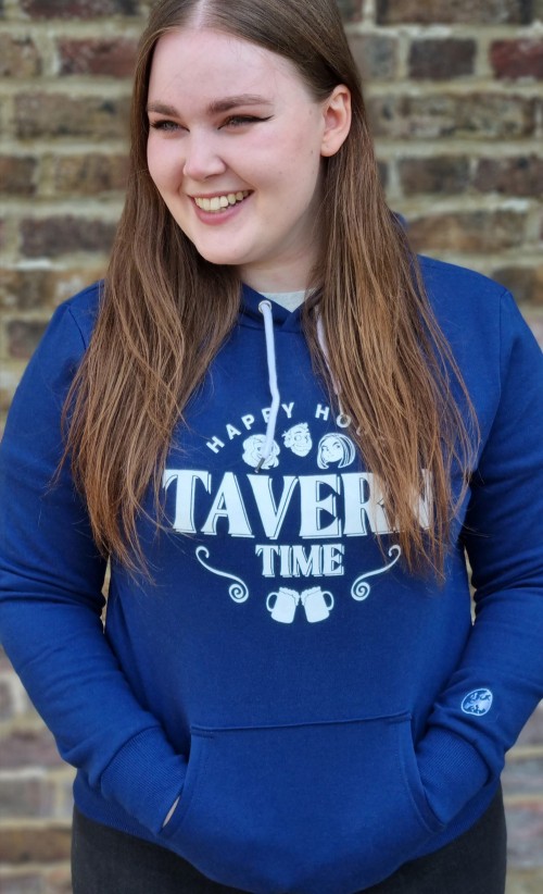 Model wearing the Tavern Time hoodie from our Eurogamer collection