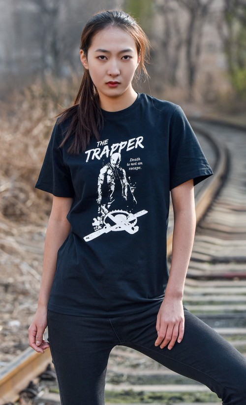 Model wearing The Trapper T-Shirt from our Dead by Daylight collection
