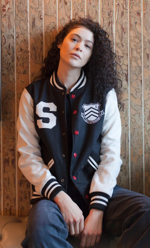 Model wearing the Shujin Academy Varsity jacket from our Persona 5 collection