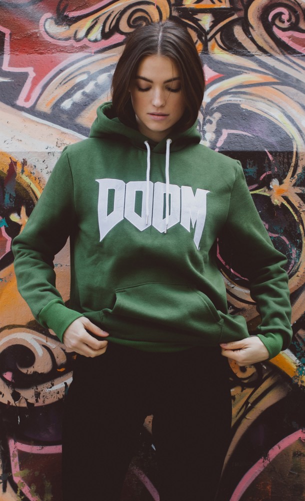 Model wearing the DOOMGUY hoodie from our DOOM collection