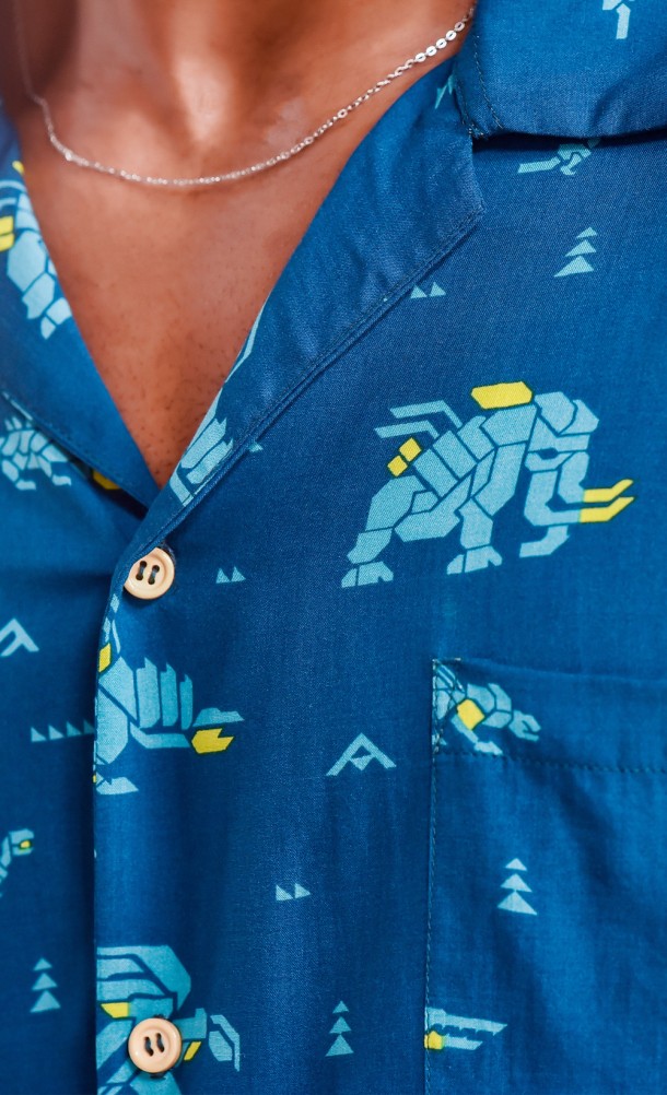 Close up detail of the print on the Machine Pattern Resort shirt from our Horizon Forbidden West collection