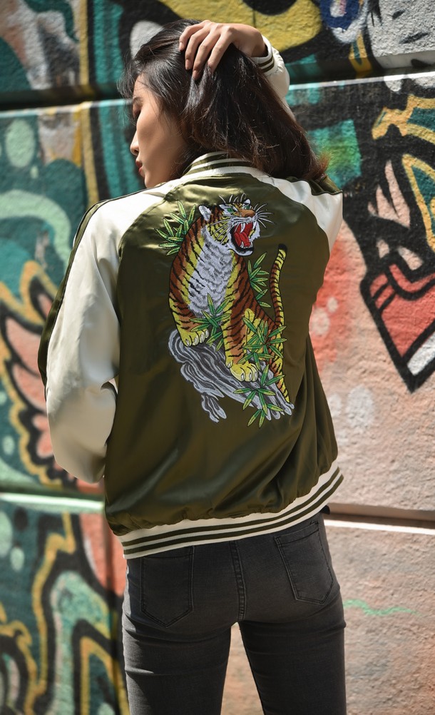 Model wearing the Saejima Souvenir jacket from our Yakuza collection