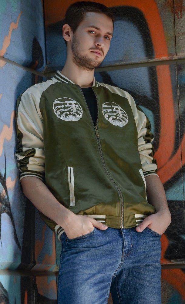Model wearing the Saejima Souvenir jacket from our Yakuza collection