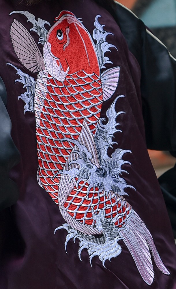 Close up detail on the back print of the Nishikiyama Souvenir jacket from our Yakuza collection