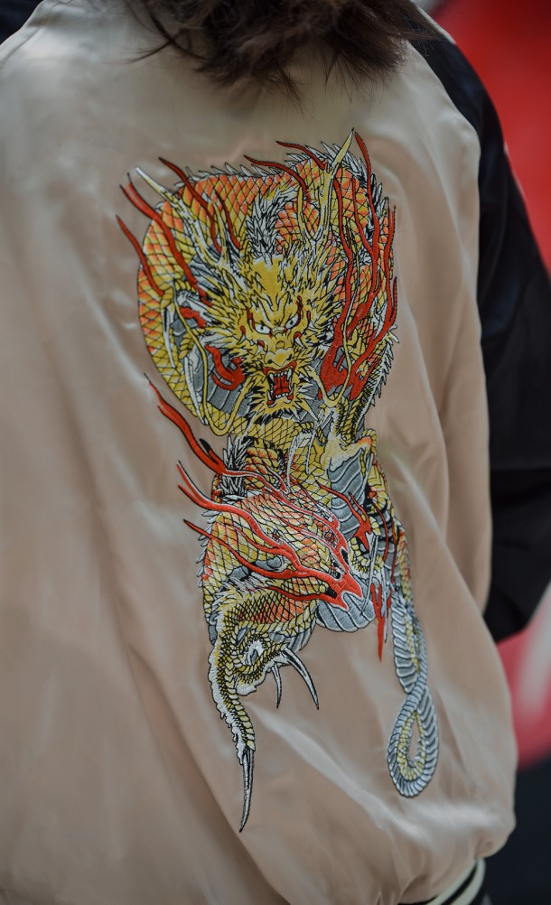 Close up detail on the back print of the Goda Souvenir jacket from our Yakuza collection
