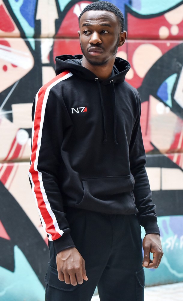 Model wearing the N7 Hoodie from our Mass Effect collection