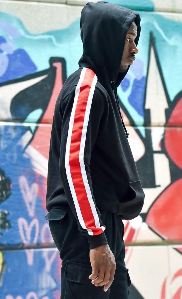 Model wearing the N7 Hoodie from our Mass Effect collection