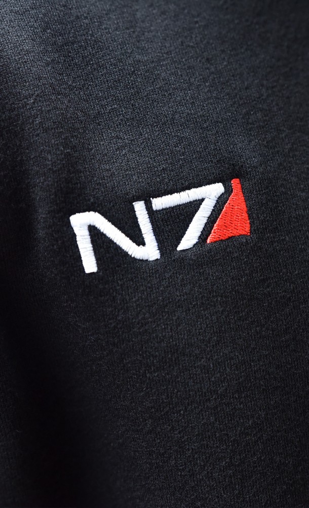 Close up detail of the front print of the N7 Hoodie from our Mass Effect collection
