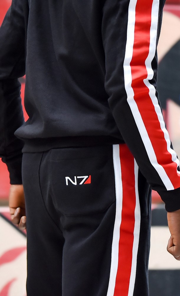 Model wearing the N7 Joggers from our Mass Effect collection