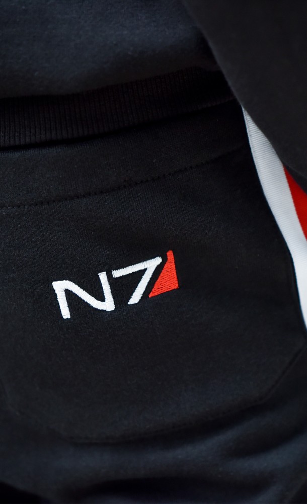 Close up detail of the back print on the N7 Joggers from our Mass Effect collection