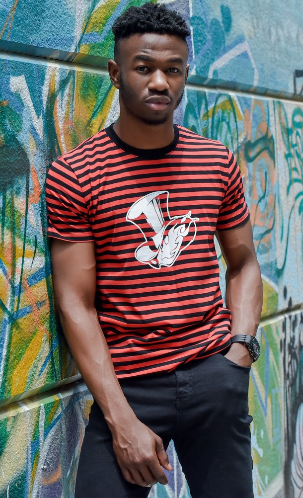 Model wearing the Phantom Striped T-Shirt from our Persona 5 collection