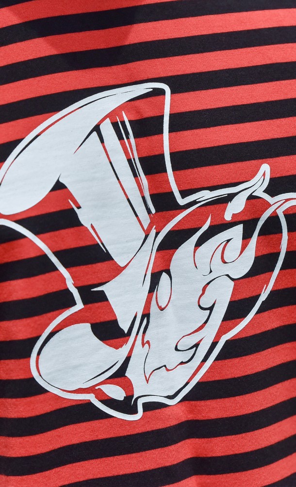 Close up detail on the front print of the Phantom Striped T-Shirt from our Persona 5 collection