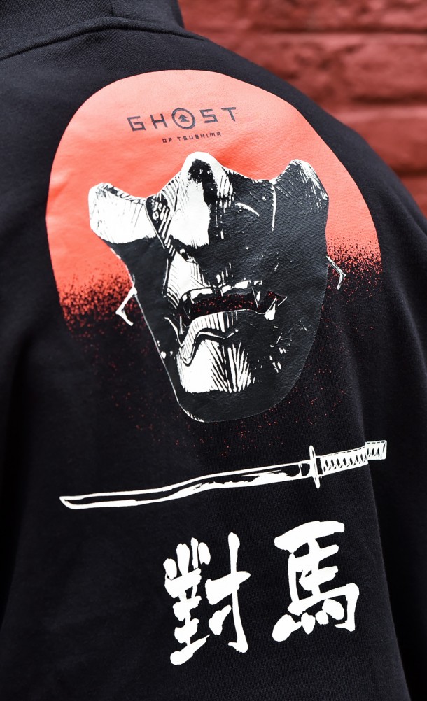 Close up detail on the back print of the GHOST hoodie from our Ghost of Tsushima collection
