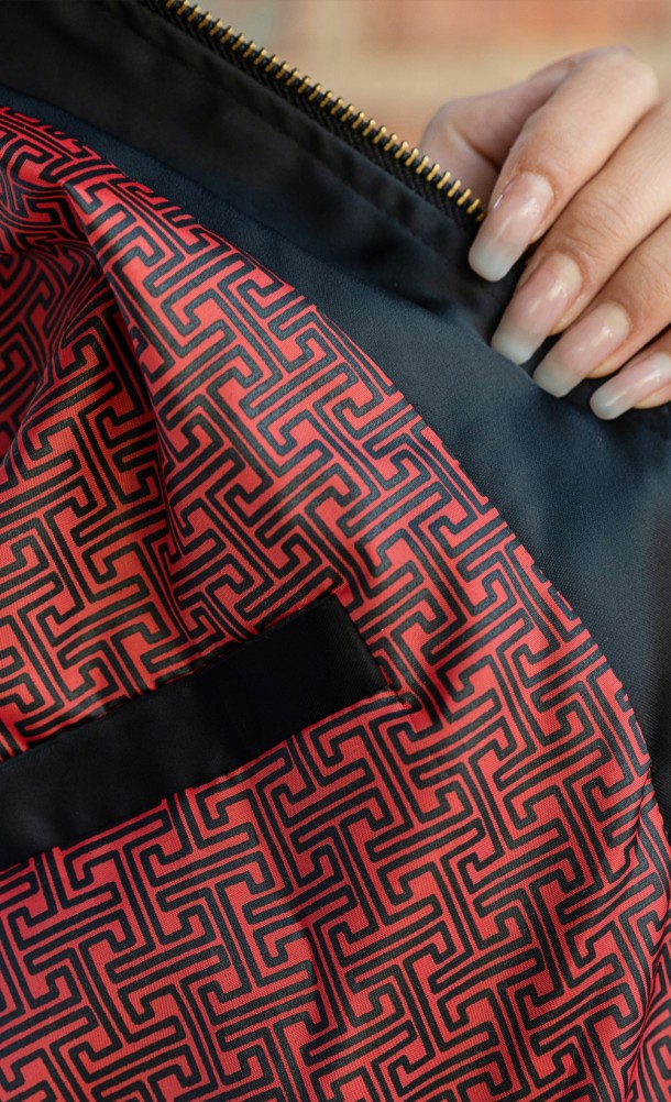 Close up detail on the inside of the Sakai Souvenir jacket from our Ghost of Tsushima collection