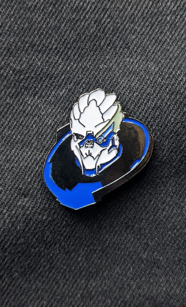 Image of the Garrus Enamel pin from our Mass Effect collection