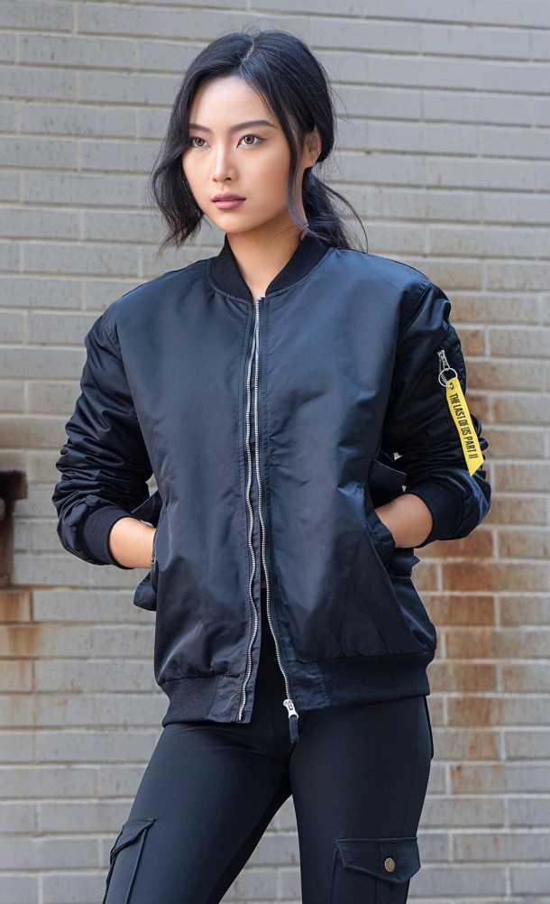 Model wearing the Abby Bomber jacket from our The Last of Us collection