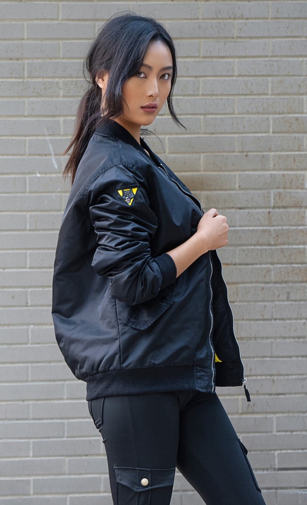 Model wearing the Abby Bomber jacket from our The Last of Us collection