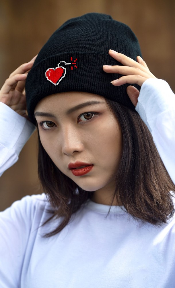 Model wearing the GameBlast 21 Beanie from our Special Effect collection