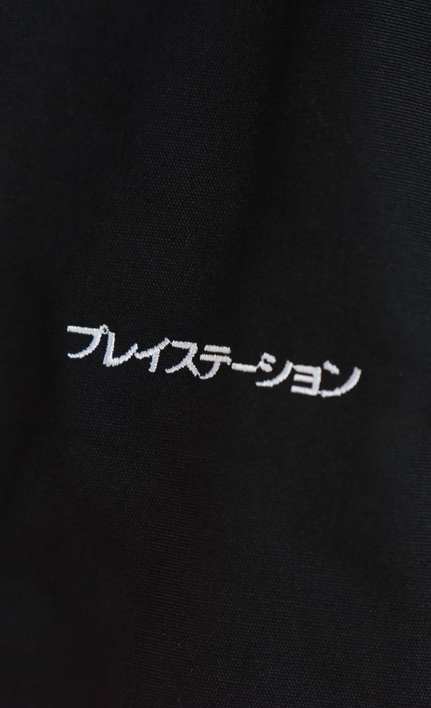 Close up detail on the chest print of the PlayStation Parka jacket from our PlayStation collection