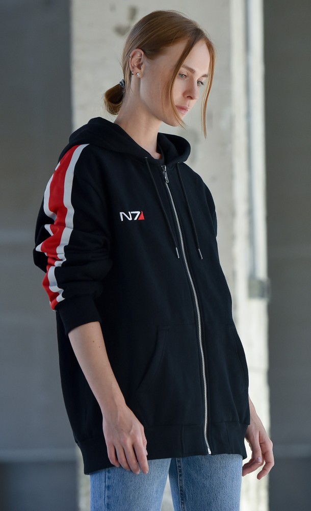 Model wearing the Shepard N7 Hoodie from our Mass Effect collection