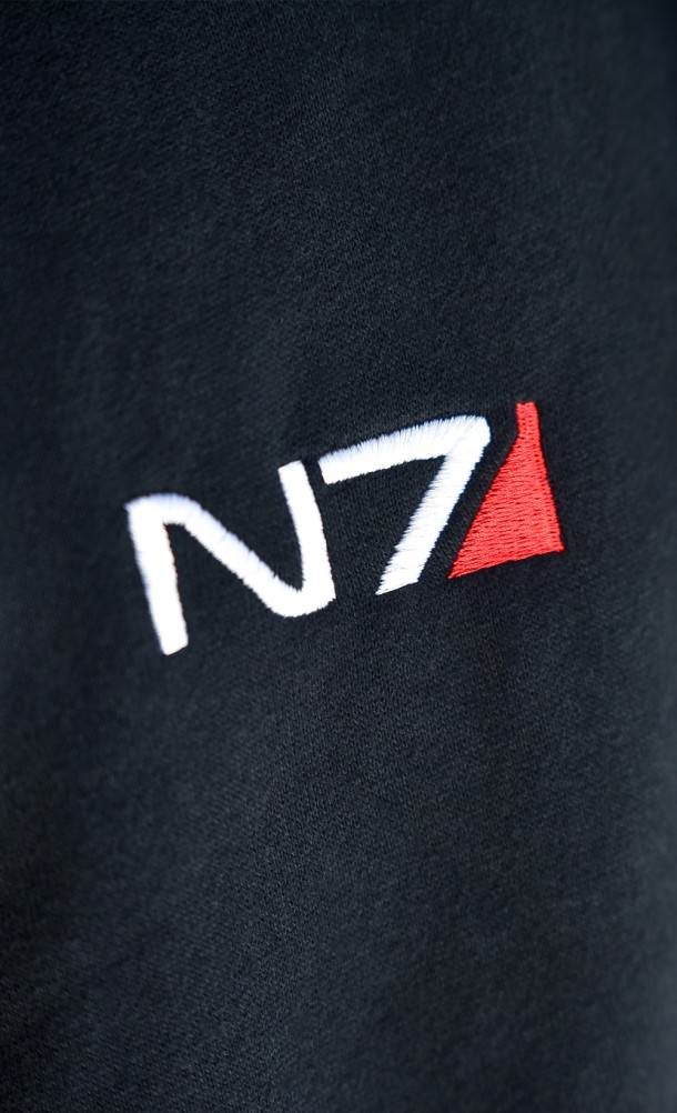 Close up detail on the front print of the Shepard N7 Hoodie from our Mass Effect collection