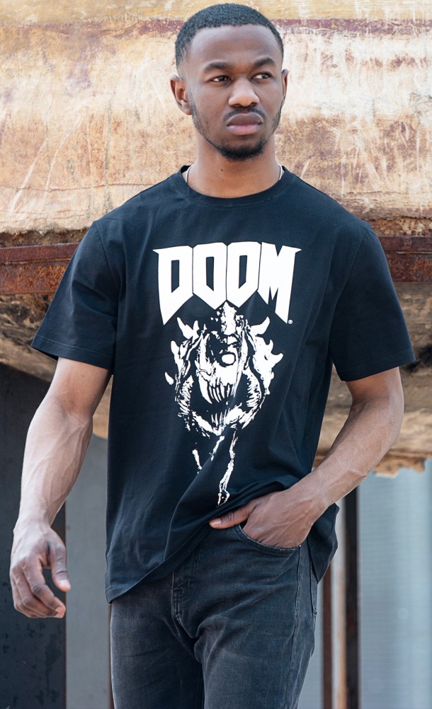 Model wearing the Eternal Cacodemon T-Shirt from our DOOM collection
