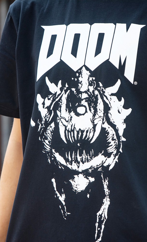 Close up detail of the front print on the Eternal Cacodemon T-Shirt from our DOOM collection