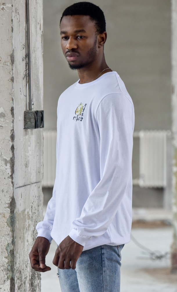 Model wearing the Tetranadon Long sleeve T-Shirt for our Monster Hunter Rise collection