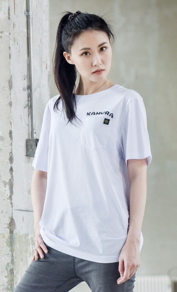 Model wearing the Kamura Pocket T-Shirt from our Monster Hunter Rise collection