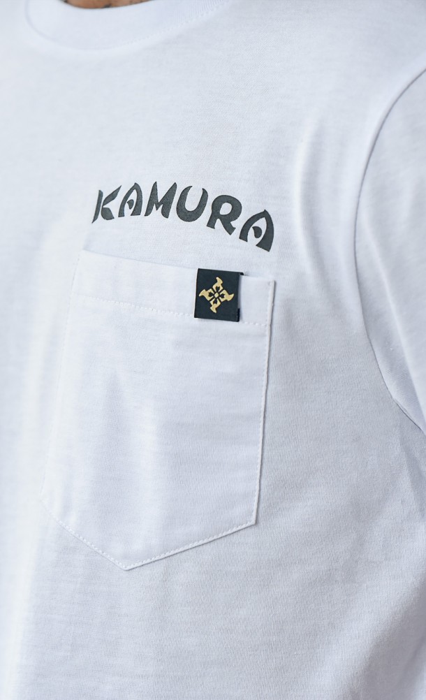 Close up detail of the chest print and pocket on the Kamura Pocket T-Shirt from our Monster Hunter Rise collection