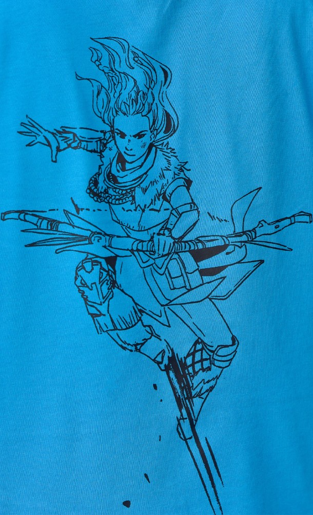 Close up detail on the back print of the Aloy Longsleeve T-Shirt from our Horizon Forbidden West collection