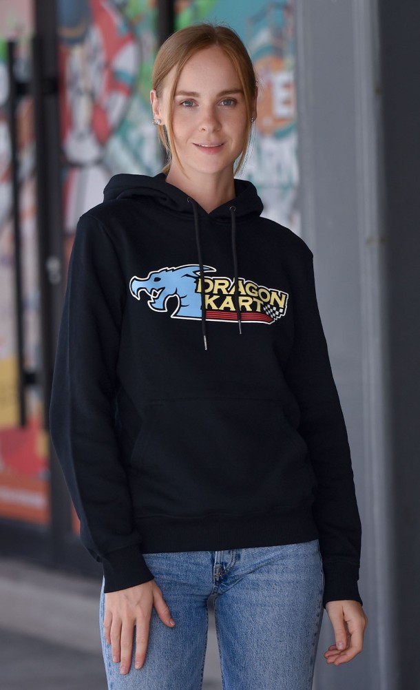Model wearing the Dragon Kart hoodie from our Yakuza collection