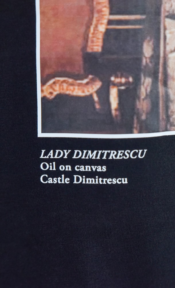 Close up detail on the front print of the Lady D T-Shirt from our Resident Evil Village collection