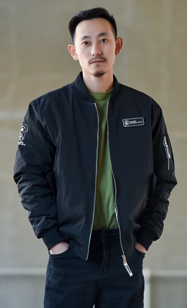 Model wearing the Hideo Kojima Bomber jacket from our Kojima Productions collection