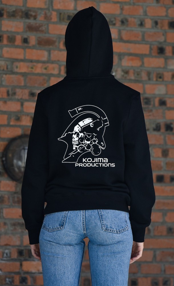 Model wearing the KojiPro hoodie from our Kojima Productions collection