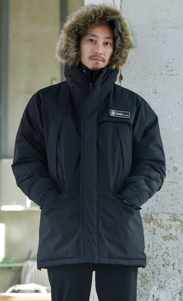 Model wearing the Hideo Kojima Parka jacket from our Kojima Productions collection