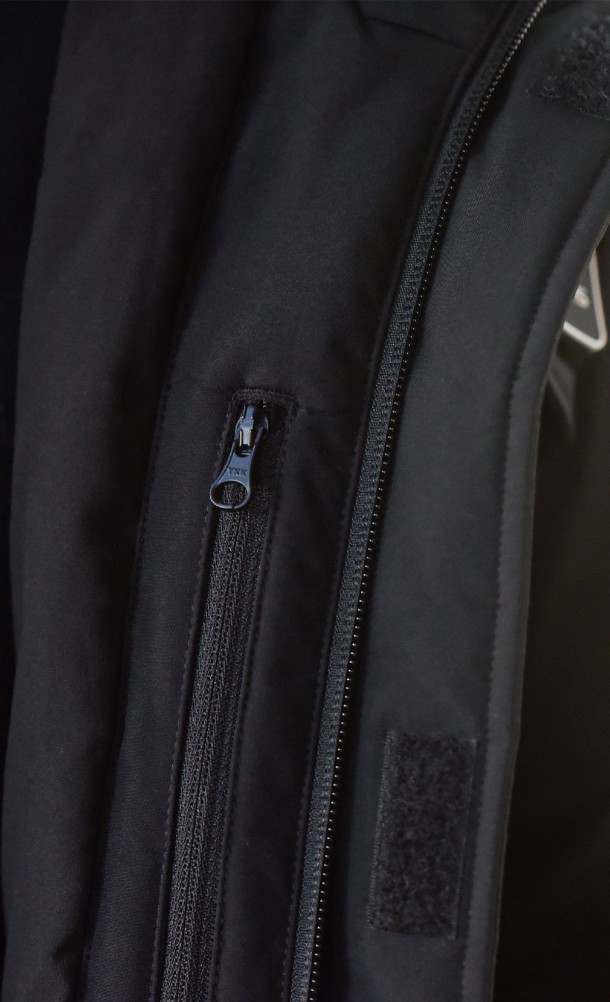 Close up detail on zip of the Hideo Kojima Parka jacket from our Kojima Productions collection