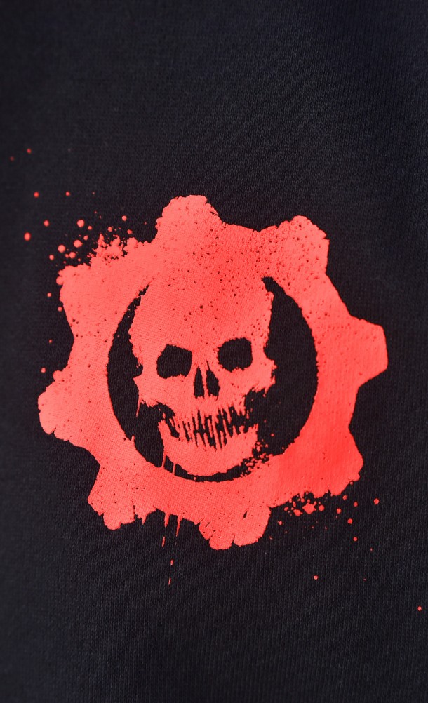 Close up detail on the front print of the Gears Anniversary hoodie from our Gears of War collection