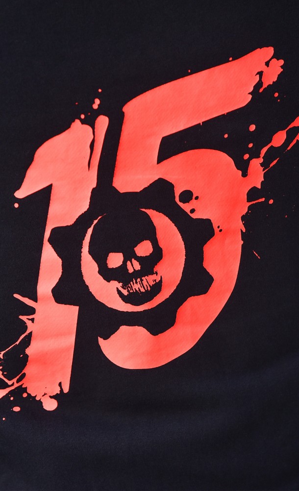 Close up detail on the back print of the Gears Anniversary hoodie from our Gears of War collection