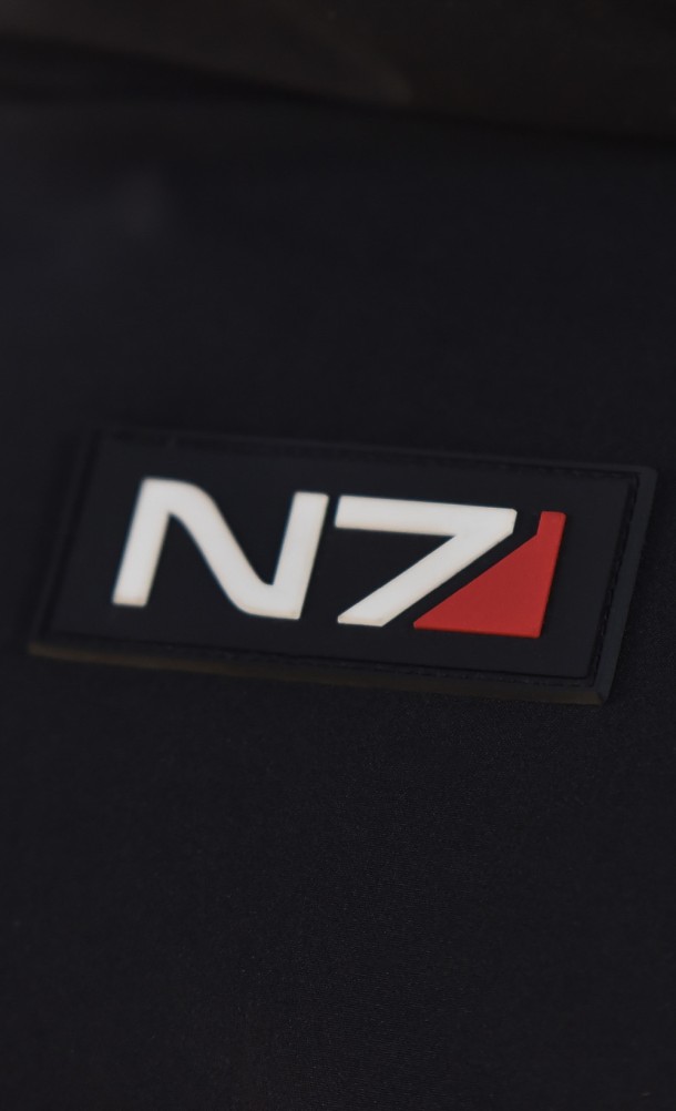Close up detail on the front logo of the N7 Parka jacket from our Mass Effect collection