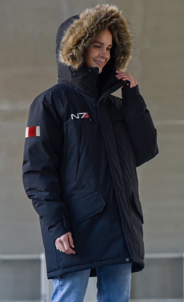 Model wearing the N7 Parka jacket from our Mass Effect collection