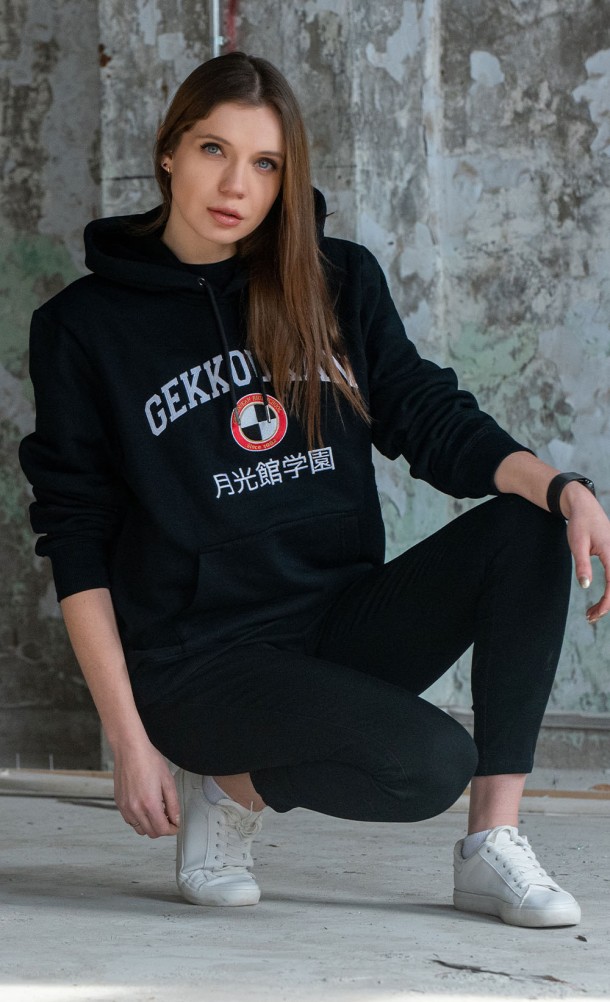 Model wearing the Gekkoukan High Hoodie from our Persona 3 collection