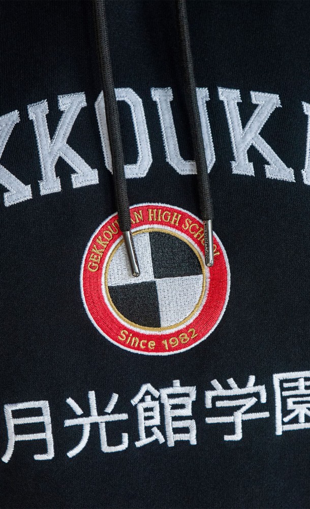 Close up detail on the front print of the Gekkoukan High Hoodie from our Persona 3 collection