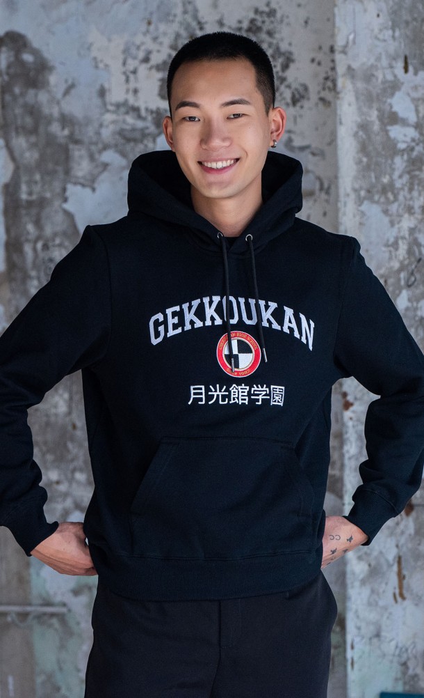 Model wearing the Gekkoukan High Hoodie from our Persona 3 collection