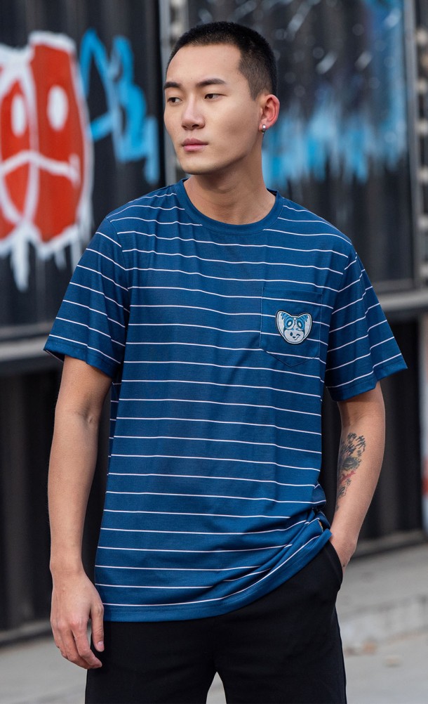 Model wearing the Rivet Stripe T-Shirt from our Ratchet & Clank collection